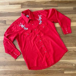 Vtg 70s Chute Embroidered Floral Western Pearl Snap Red Button-Up Shirt - Large